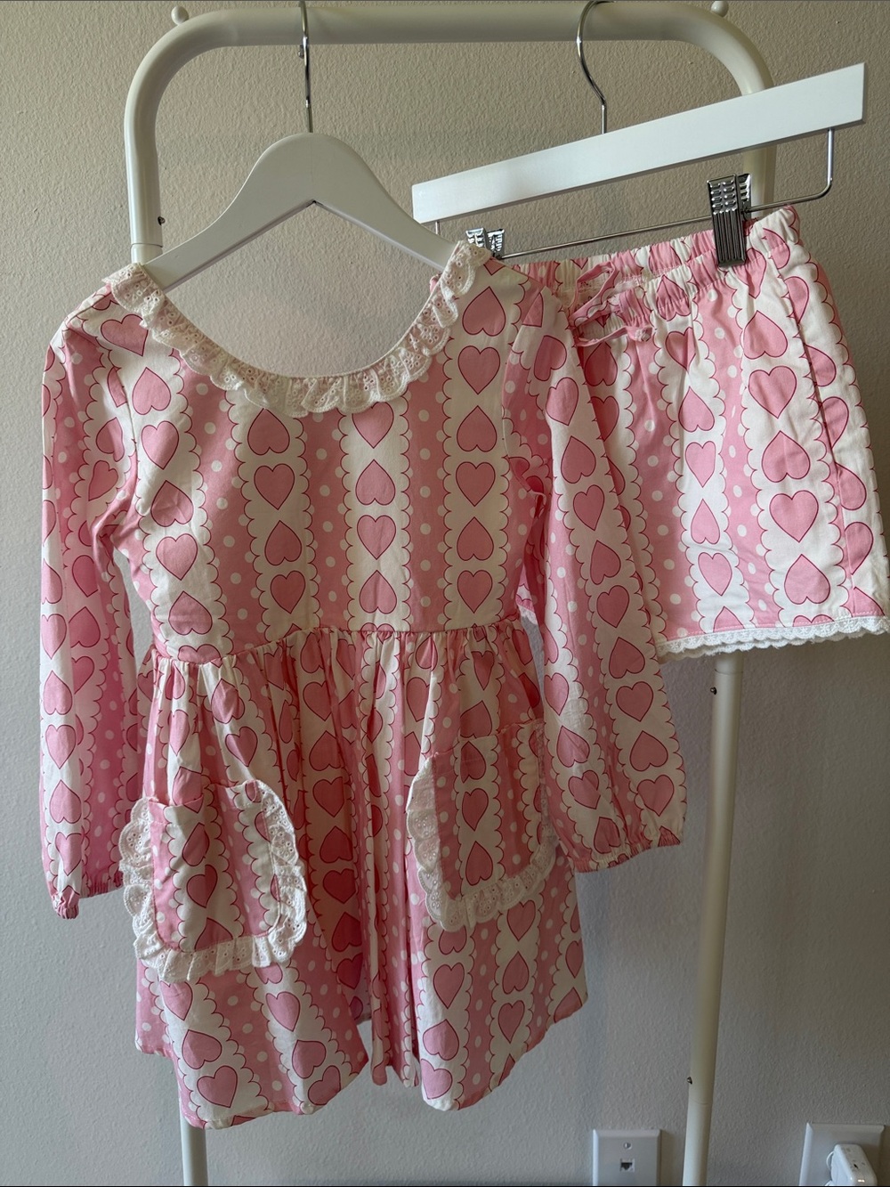SweetHoney Pink Heart-Print Dress & Shorts Set with Cream Lace